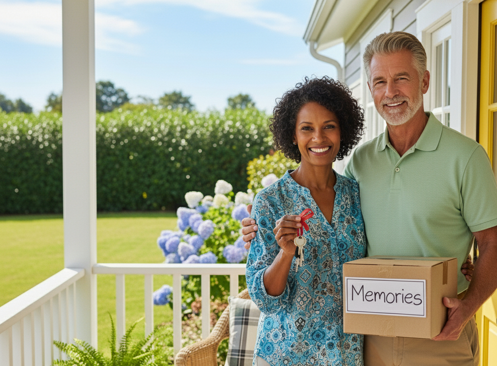 A happy senior couple, with a set of new keys on the porch of their new, smaller home they bought with a HECM for Purchase