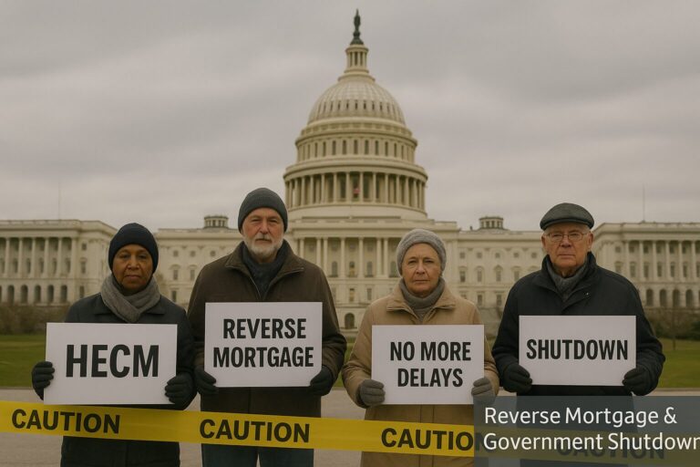 US Capitol with yellow caution tape and diverse group of senior homeowners protesting the 2025 government shutdown.