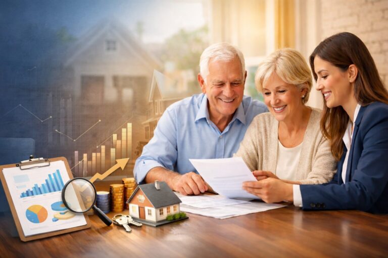 Real estate professional reviewing reverse mortgage data with senior homeowner couple in modern home setting
