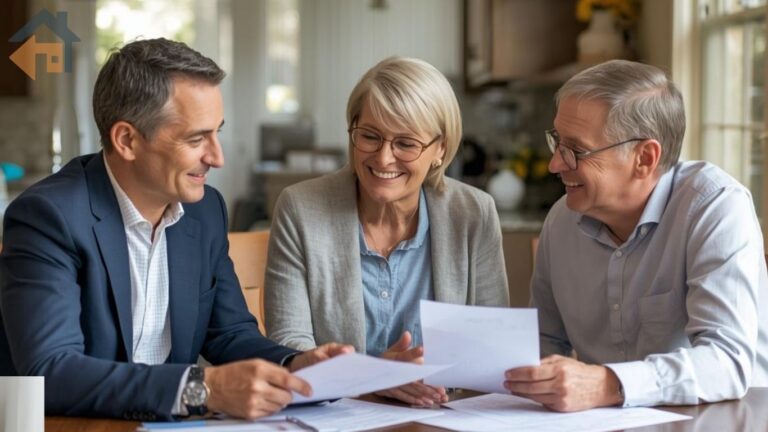 Real estate agent discussing home financing options with senior couple at table