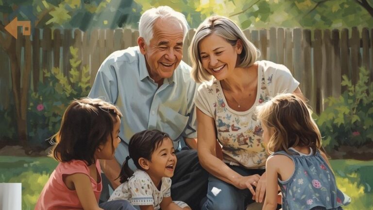 Senior couple playing outdoors with their grandchildren, representing family legacy and reverse mortgage inheritance planning