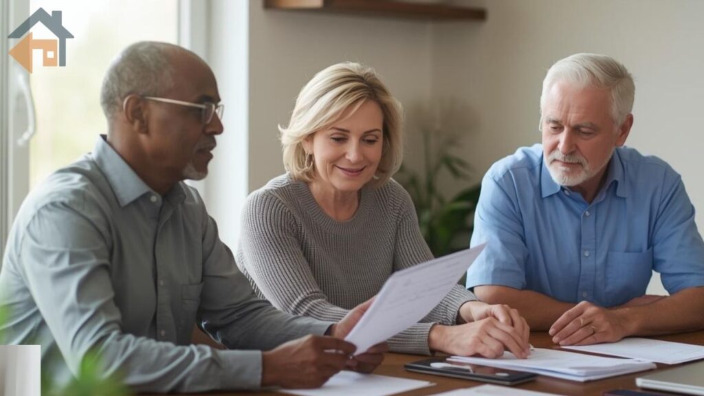REALTOR and senior clients reviewing reverse mortgage for home purchase listings at table