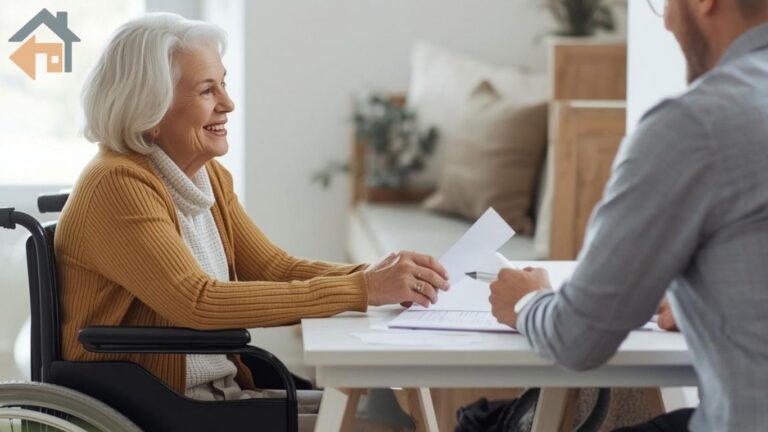 Senior woman in a wheelchair reviews home purchase documents with a real estate agent at a kitchen table
