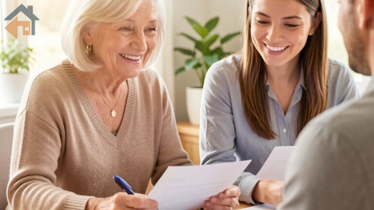 Senior woman and adult child meeting with a real estate agent to discuss whether heirs will inherit debt from a reverse mortgage.