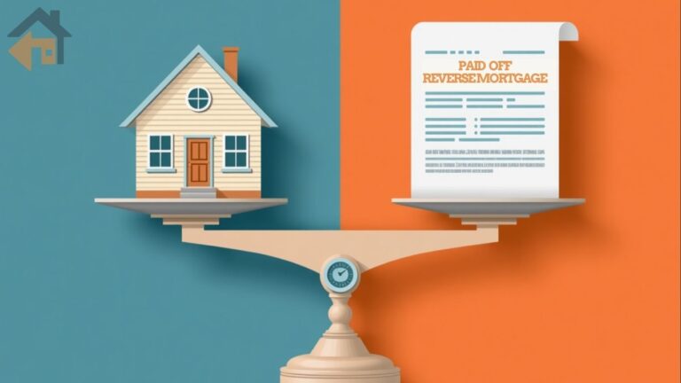 A balance scale showing a home and a zero-balance loan statement, illustrating how to pay back a reverse mortgage.